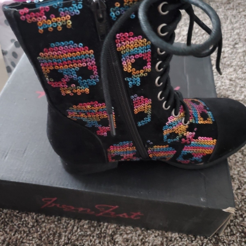 Iron Fist Kids Skull Sequin Boots - Black and Multicolor